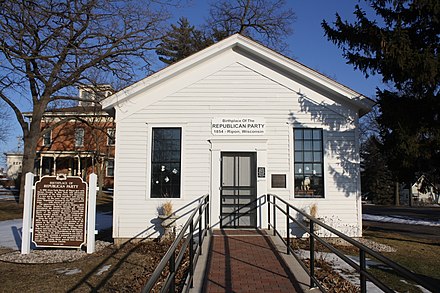 The Little White Schoolhouse, in Ripon, 1854, which hosted the first meeting of what became the national Republican Party.