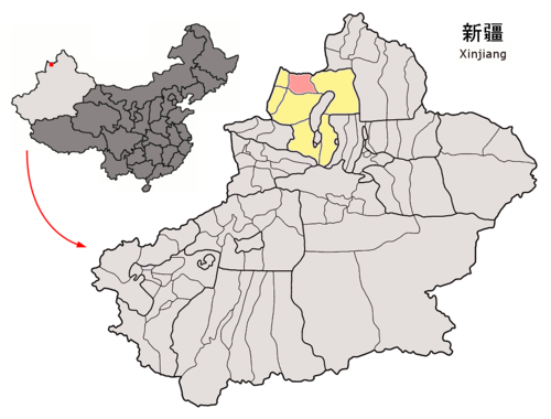 Location of Emin County (red) within Tacheng Prefecture (yellow) and Xinjiang