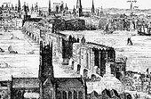 Old London Bridge in 1616. The spiked heads of executed criminals can be seen above the Southwark gatehouse. London Bridge (1616) by Claes Van Visscher.jpg