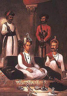 Madhu Rao Narayan the Maratha Peshwa with Nana Fadnavis and attendants Poona 1792 by James Wales.jpg
