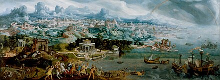 In this painting by Maarten van Heemskerck Helen, queen of the Greek city-state Sparta, is abducted by Paris, a prince of Troy in Asia Minor.[44] The Walters Art Museum.