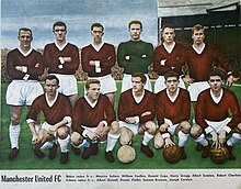 Manchester United F.C. in 1960 - from the left, standing: Maurice Setters, William "Bill" Foulkes (captain), Ronald "Ronnie" Cope, Harry Gregg, Albert Scanlon and Bobby Charlton. Front row from left: Unknown player, Albert Quixall, Dennis Viollet, Seamus "Shay" Brennan and Joseph "Joe" Carolan. Manchester United FC 1960.jpg