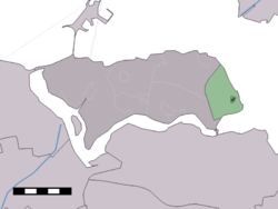 The town centre (dark green) and the statistical district (light green) of Kats in the municipality of Noord-Beveland.