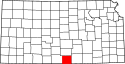 Harta statului Kansas indicând comitatul Harper