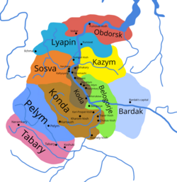 Map of the Ugrian Khanty principalities. Kod (Koda) is denoted in brown.