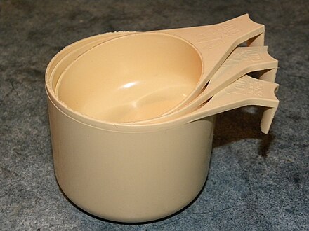 A set of plastic measuring cups which usually include one full cup measure, half a cup and one third of a cup