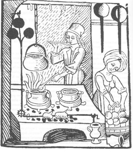 The roasting spit in this European Renaissance kitchen was driven automatically by a propeller—the black cloverleaf-like structure in the upper left