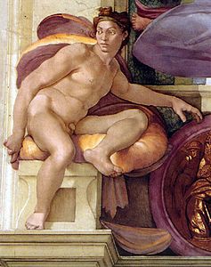 Michelangelo Sixtus-kápolna - Ignudo Cumaean Sibyl felett - felújított.jpg