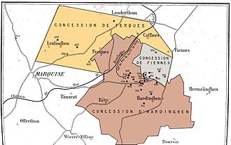 Mapa esquemático que muestra las tres concesiones de la cuenca de Boulonnais alrededor de 1880: Ferques, Fiennes y Hardinghem.