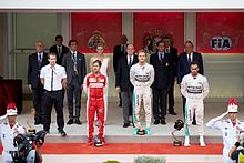 Monaco, Monte Carlo. 23rd May, 2021. Race trophy presenters on the podium.  23.05.2021. Formula 1 World Championship, Rd 5, Monaco Grand Prix, Monte  Carlo, Monaco, Race Day. Photo credit should read: XPB/Press