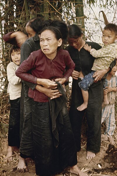 Photograph taken by Ronald L. Haeberle of South Vietnamese women and children in Mỹ Lai before being killed in the massacre. According to Haeberle, so