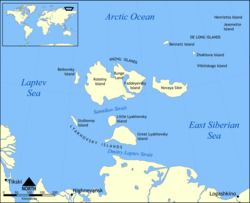 Carte des îles de Nouvelle-Sibérie avec le détroit de Dmitri-Laptev
