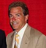 Alabama head coach Nick Saban (pictured in 2009). Nick Saban 2009 retreat.jpg