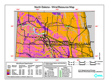 Wind resource map of North Dakota North Dakota wind resource map 50m 800.jpg