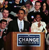 Obama speaking at a Rally in Pittsburgh to kick off his statewide bus tour. Obama Rally in Pittsburgh 2008.3.28.jpg