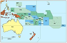 Mapa de Oceanía con códigos de país.