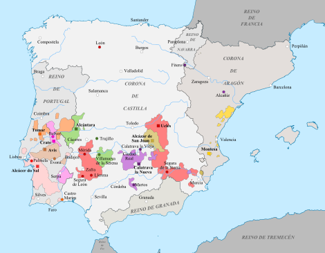 Territories of the military orders of the Iberian kingdoms towards
the end of 15th century:
.mw-parser-output .legend{page-break-inside:avoid;break-inside:avoid-column}.mw-parser-output .legend-color{display:inline-block;min-width:1.25em;height:1.25em;line-height:1.25;margin:1px 0;text-align:center;border:1px solid black;background-color:transparent;color:black}.mw-parser-output .legend-text{}
Order of Montesa
Order of Santiago
Order of Calatrava
Order of Saint John (Castile)
Order of Alcantara
Order of Sant'Iago da Espada
Order of Aviz
Order of Saint John (Portugal)
Residence of the Grand Master Orders of knighthood Iberia.svg