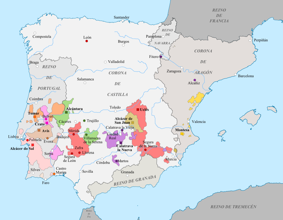 Territories of the military orders of the Iberian kingdoms towardsthe end of 15th century: .mw-parser-output .legend{page-break-inside:avoid;break-inside:avoid-column}.mw-parser-output .legend-color{display:inline-block;min-width:1.25em;height:1.25em;line-height:1.25;margin:1px 0;text-align:center;border:1px solid black;background-color:transparent;color:black}.mw-parser-output .legend-text{}  Order of Montesa   Order of Santiago   Order of Calatrava   Order of Saint John (Castile)   Order of Alcántara   Order of Sant'Iago da Espada   Order of Aviz   Order of Saint John (Portugal)  Residence of the Grand Master