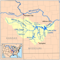 El río Osage también fluye hacia el este por el oeste del estado hasta desaguar en el Misuri cerca de Jefferson City