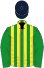 Green and yellow stripes, green sleeves, dark blue cap