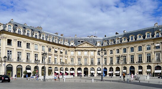 Angled buildings with frontons at corners give variety to Place Vendôme in Paris