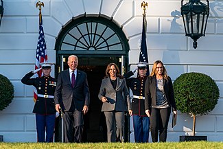 President Joe Biden and Vice President Harris walk out to the South Lawn before signing the Infrastructure Investment and Jobs Act, November 2021 P20211115CS-1642 (51683509167).jpg