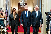 Vice President Kamala Harris, President Joe Biden, and former president Bill Clinton at a White House event to celebrate the 30th anniversary of the Family and Medical Leave Act. (2 February 2023)