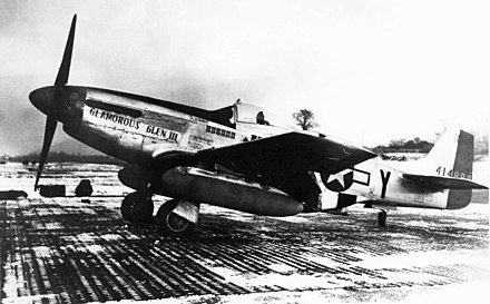 P-51D 44-14888 of the 8th AF/357th FG/363rd FS, named Glamorous Glen III, is the aircraft in which Chuck Yeager achieved most of his 12.5 kills, including two Me 262s – shown here with twin single-use 108-gallon (409-l) drop tanks fitted. This aircraft was renamed "Melody's Answer" and crashed on Mar 2, 1945, from unknown causes at Haseloff, west of Treuenbrietzen, Germany.