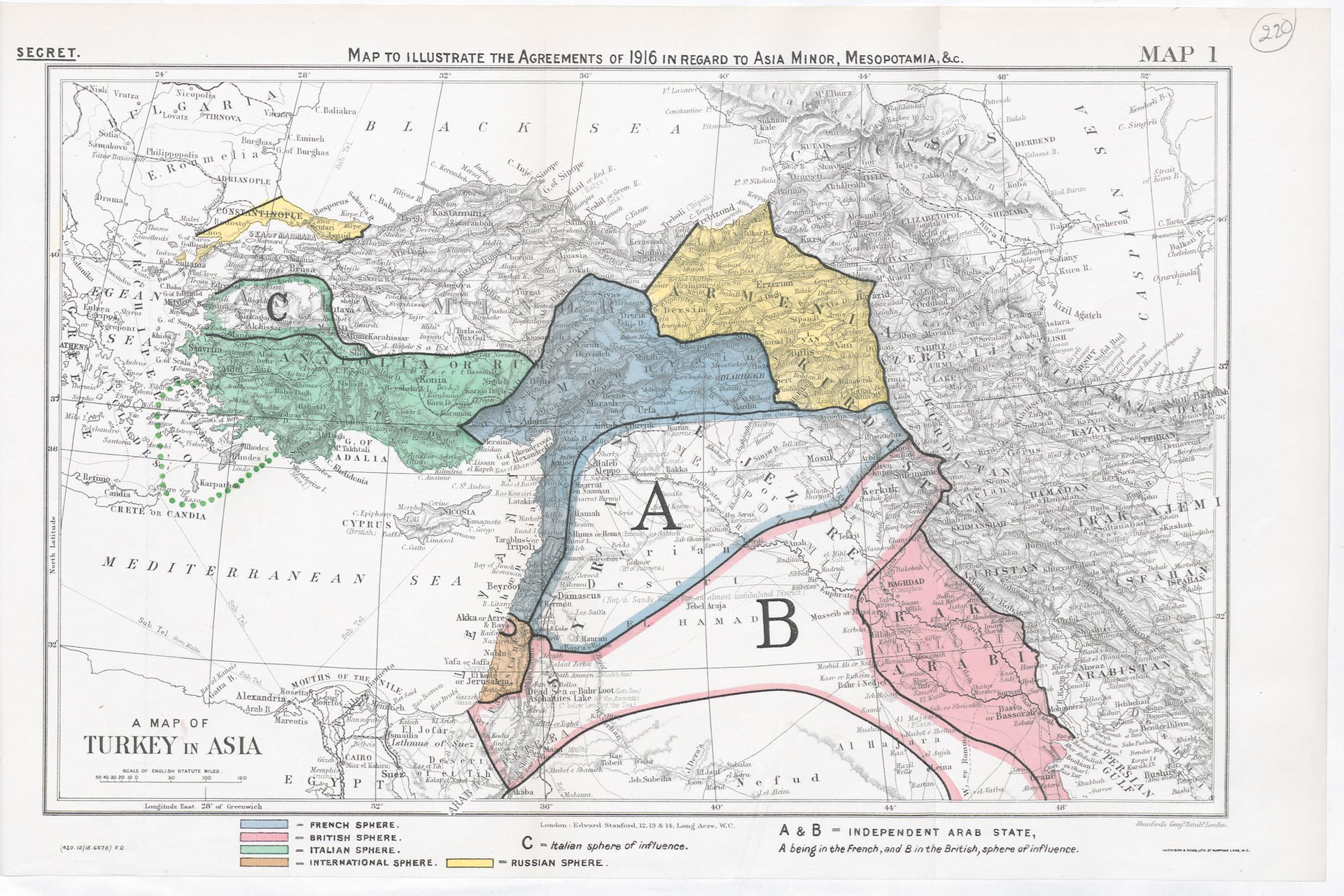 January 1919 British Foreign Office memorandum summarizing the wartime agreements between Britain, France, Italy and Russia regarding Ottoman territory.