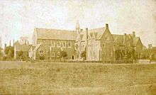 The School from the front, circa 1890, before the construction of the Memorial Arch. Photograph of Bloxham School, circa 1890.jpg