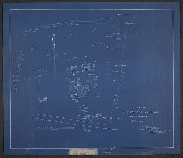 600px plan of kisimayu village showing defences jany. 1901. %28womat afr bea 28%29