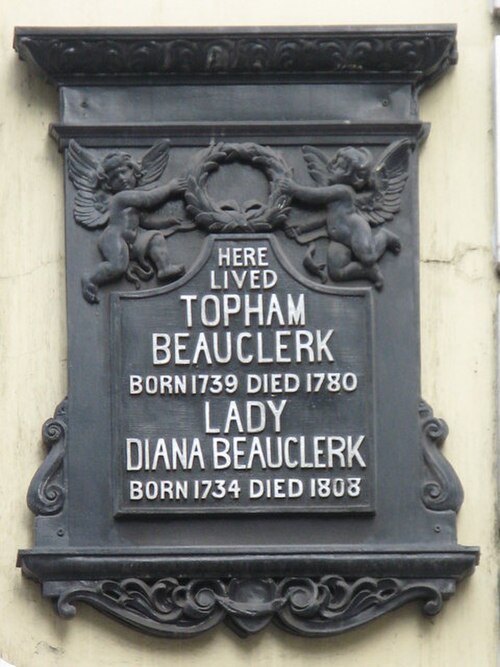 A plaque at Great Russell Street, London, commemorating Topham Beauclerk and Lady Diana Beauclerk, erected in 1905 by the Duke of Bedford