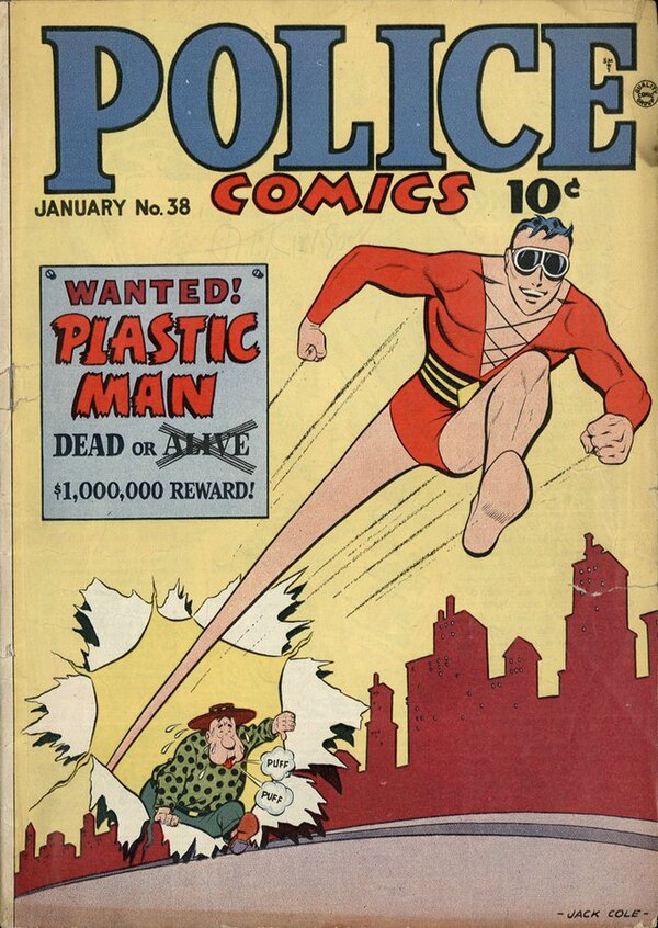 Plastic Man and Woozy Winks on the cover of Police Comics #38 (January 1945), artwork by Jack Cole.