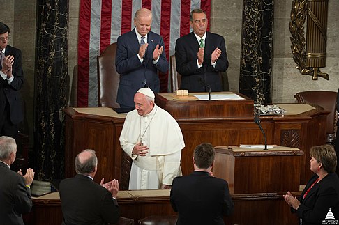 Pope Francis addresses Congress in 2015. Behind him are Vice President Biden and Speaker Boehner.