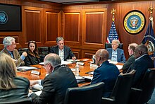 US President Joe Biden and his national security administration assessing the attack in the Situation Room. President Joe Biden meets with members of the National Security Council in the Situation Room 2024-04-13.jpg