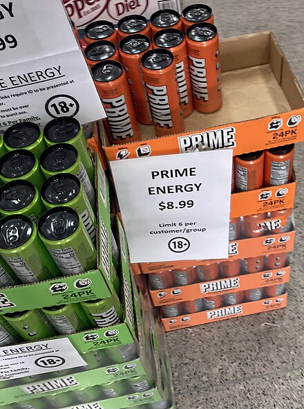 Prime energy drinks being sold a store in Sydney. A sign posted informs that the store restricts the sale of the drink to those over the age of 18 (the age of majority in Australia) and limits customers and groups to a maximum of six cans each.