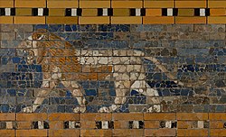 A lion in a brick panel from the Procession Way of Babylon, now at the Pergamon Museum Processional Way, Babylon - Google Art Project.jpg