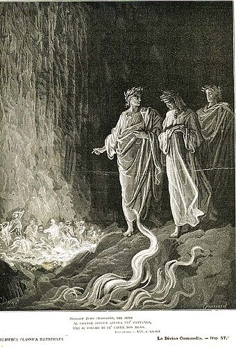 Virgil, Dante, and Statius beside the flames of the seventh terrace, Canto 25.