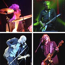 REM-rockbandartiesten in een fotocompilatie: drie gitaristen en een drummer