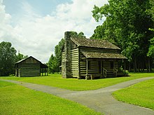 Reconstruction of an early 19th-century Cherokee farm in Tennessee. By the mid-18th century, Cherokee bands that Houston was associated with had adopted an agrarian lifestyle. Jolly's house was like the houses built by successful Southern planters and other European Americans. Indian agent Return J. Meigs described Jolly's house as "one of the largest... finest homes in the South." Photograph by Brian Stansberry, Creative Commons 3.0 license Red-clay-cherokee-farm-tn1.jpg