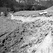 This fault scarp was created by the 1959 Hebgen Lake earthquake. Photo taken August 19, 1959. Red Canyon fault scarp sjr00100.jpg