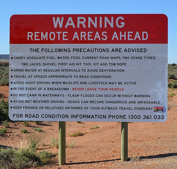 Sign in Australia reminding drivers to carry adequate supplies before entering remote areas