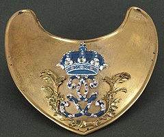 Gorget, silver gilt, for majors, lieutenant-colonels and colonels of the Swedish Army, with the royal cypher of Gustav III and two palm branches, all enameled. Swedish Army Museum.
