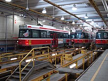 Maintenance tracks at Roncesvalles Carhouse, one of four maintenance and storage facilities used by the streetcar network RoncyMaintBays.jpg