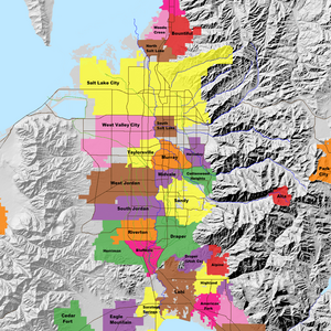 Map of Salt Lake Valley, Utah with cities.  Rivers and creeks are in blue.  Canals are in green