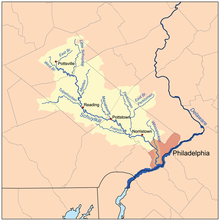 Schuylkill River watershed. Tulpehocken Creek joins the Schuylkill River near Reading in the map.
