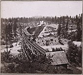 Wooden trestle bridge around 1870