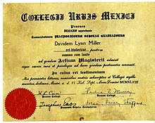 Diploma from Mexico City College, 1948 (in Latin) SheepskinDiploma.jpg