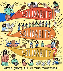 A word-art illustration featuring Art+Feminism’s 2023-2024 campaign theme: “Solidarity! Solidarity. Solidarity?: We're (not) all in this together!” The illustration has a pale-yellow background. Three speech bubbles, layered vertically, are at the illustration’s center. Each speech bubble contains white, hand-lettered versions of the word “solidarity” with different punctuation. The top speech bubble is tomato-red and contains the word “Solidarity!” The middle speech bubble is orange and contains the word “Solidarity.” The bottom speech bubble is ochre-yellow and contains the word “Solidarity?” “We're (not) all in this together!” is handwritten in smaller font at the bottom of the illustration. The word art is surrounded by a multitude of smaller illustrations of people engaged in acts of solidarity. These include: a person shouting into a megaphone, two people embracing while carrying protest posters, a person typing at their computer, and a group of ten people linked arm-in-arm.
