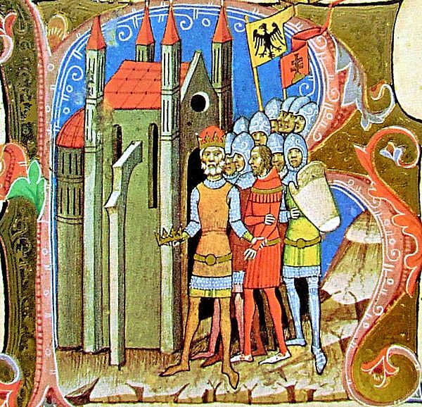 Solomon, assisted by Henry IV of Germany, returns to Hungary (from the Illuminated Chronicle).